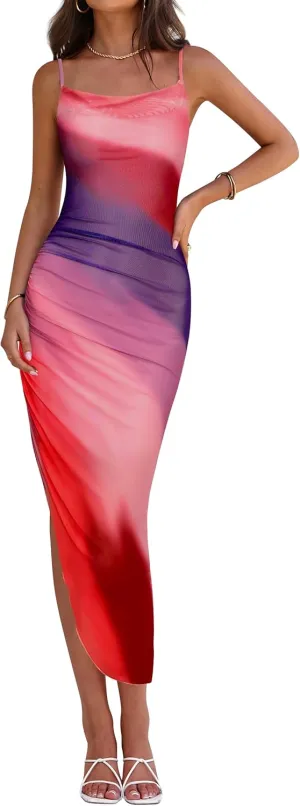 PRETTYGARDEN Women 2025 Summer Mesh Dress Spaghetti Strap Cowl Neck Print Ruched Bodycon Dresses Asymmetrical Long Dress