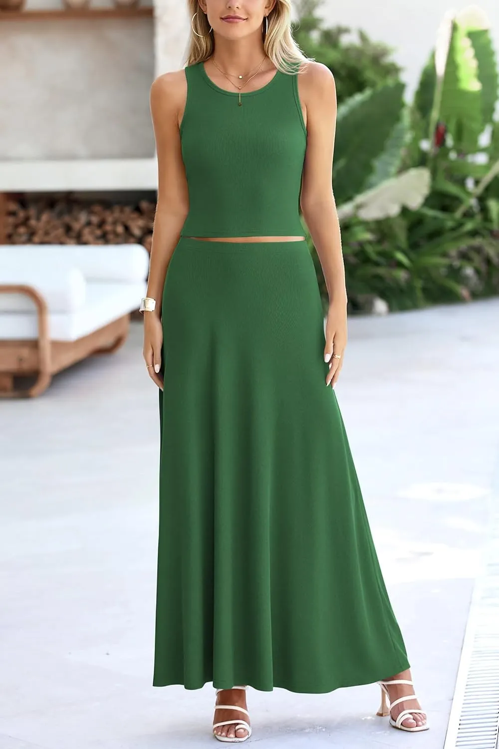 PRETTYGARDEN Women's 2 Piece Maxi Skirt Sets Casual Summer Knit Cropped Tank Top High Waisted Long Skirts Outfit