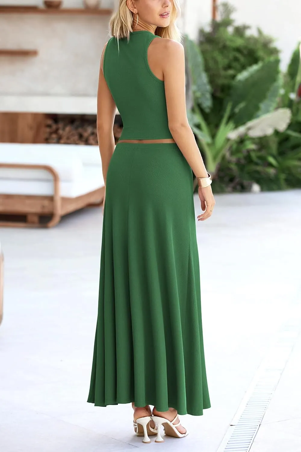 PRETTYGARDEN Women's 2 Piece Maxi Skirt Sets Casual Summer Knit Cropped Tank Top High Waisted Long Skirts Outfit