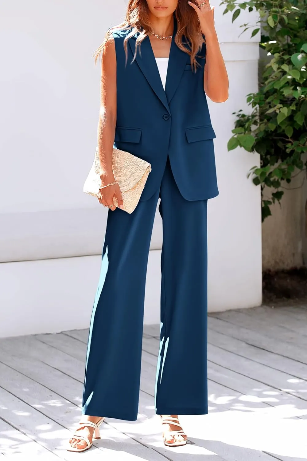 PRETTYGARDEN Women's 2 Piece Outfits Sleeveless Suit Vest and Wide Leg Pants Business Casual Blazer Sets