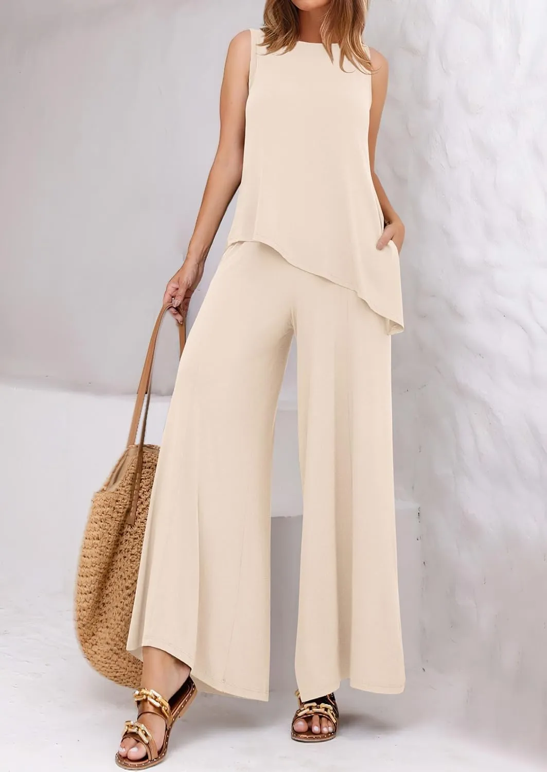 PRETTYGARDEN Women's 2025 Two Piece Matching Lounge Sets Asymmetrical Split Tank Tops Wide Leg Pants Summer Outfits Tracksuit