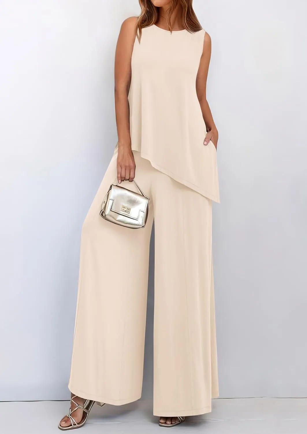 PRETTYGARDEN Women's 2025 Two Piece Matching Lounge Sets Asymmetrical Split Tank Tops Wide Leg Pants Summer Outfits Tracksuit