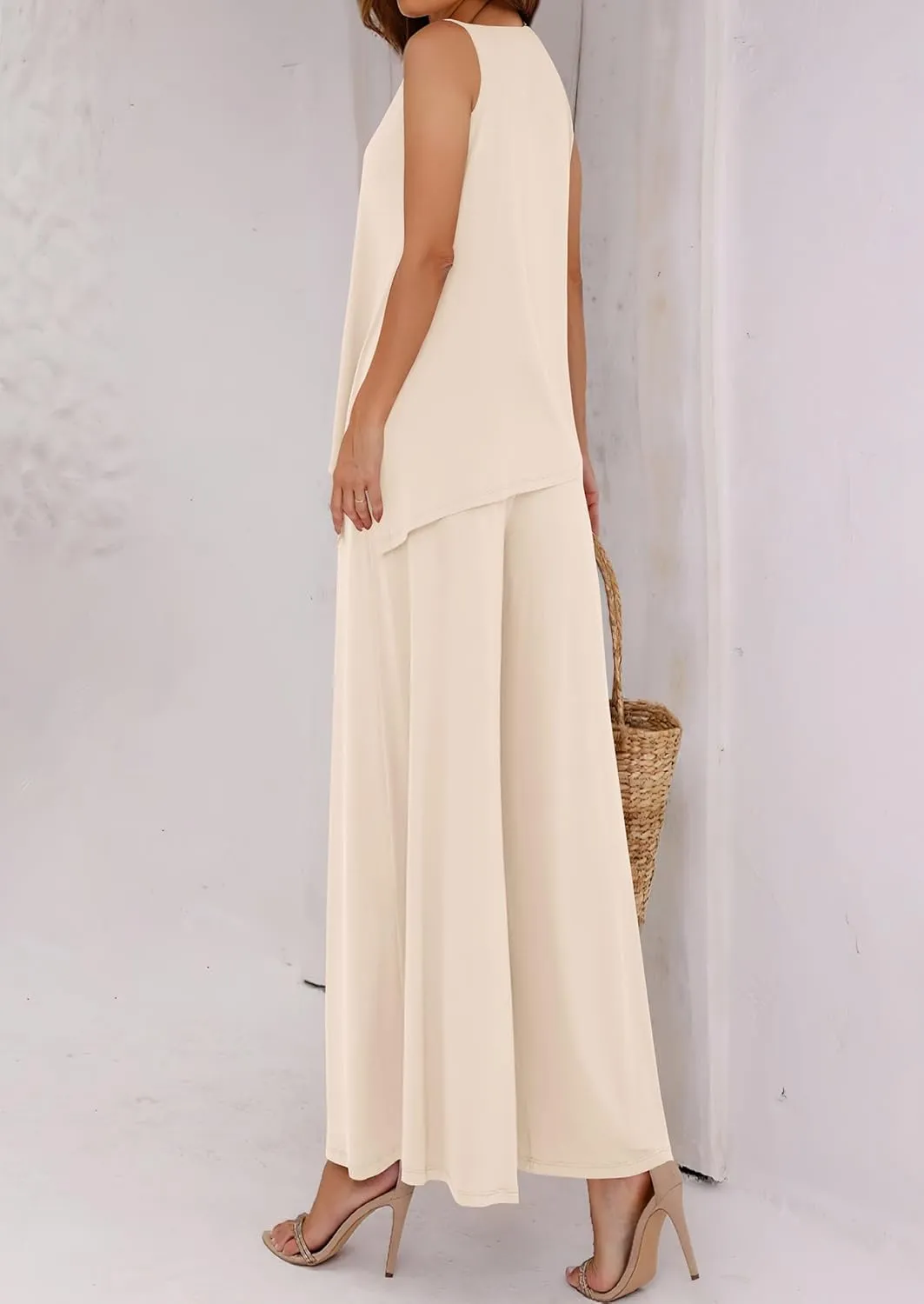 PRETTYGARDEN Women's 2025 Two Piece Matching Lounge Sets Asymmetrical Split Tank Tops Wide Leg Pants Summer Outfits Tracksuit