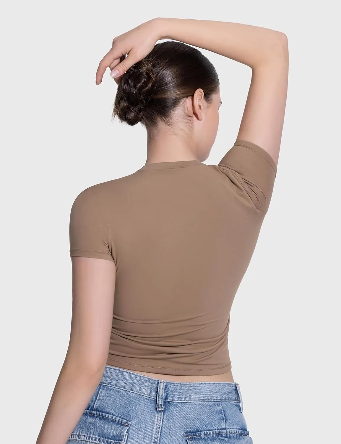 PUMIEY Women's Crew Neck Short Sleeve Tops Double Lined Slim Fit T Shirts Basic Tee Smoke Cloud Pro Collection