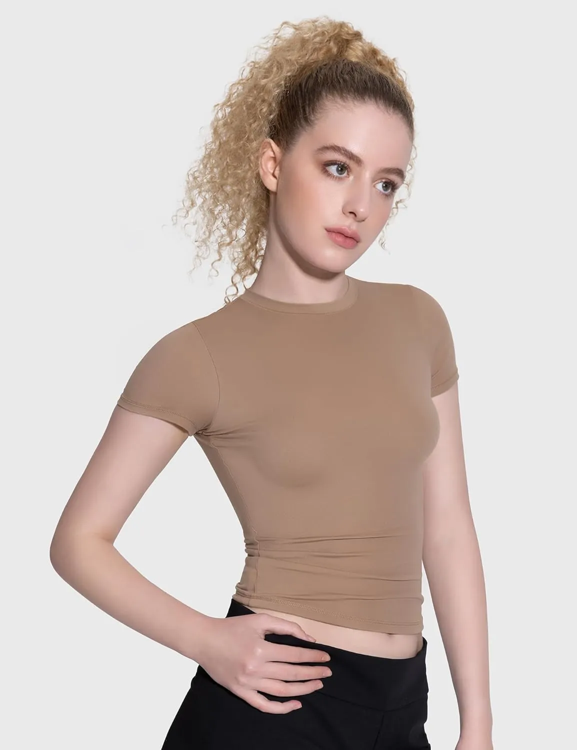 PUMIEY Women's Crew Neck Short Sleeve Tops Double Lined Slim Fit T Shirts Basic Tee Smoke Cloud Pro Collection