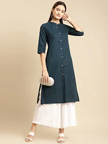 rangita Women Cotton Flex Navy Tonal Front Button Placket Calf Length A Line Kurti, 2XL