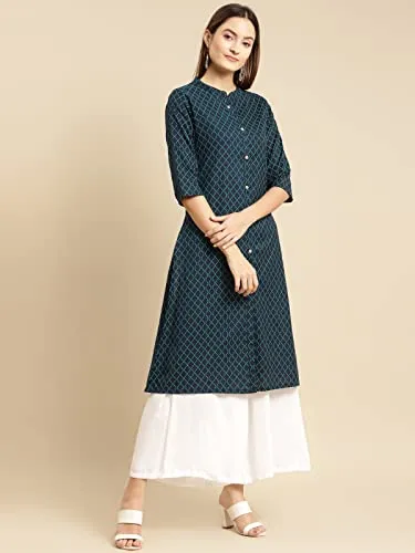 rangita Women Cotton Flex Navy Tonal Front Button Placket Calf Length A Line Kurti, 2XL