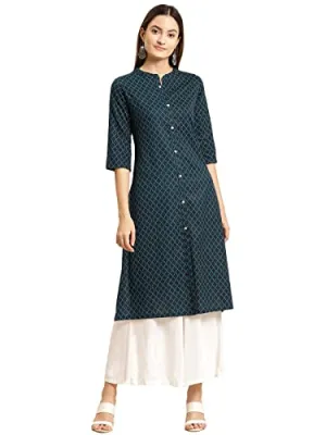 rangita Women Cotton Flex Navy Tonal Front Button Placket Calf Length A Line Kurti, 2XL