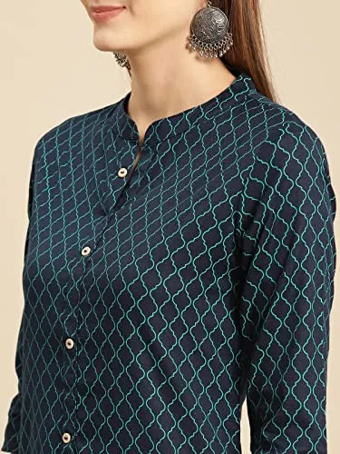 rangita Women Cotton Flex Navy Tonal Front Button Placket Calf Length A Line Kurti, 2XL