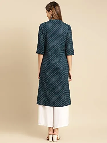rangita Women Cotton Flex Navy Tonal Front Button Placket Calf Length A Line Kurti, 2XL