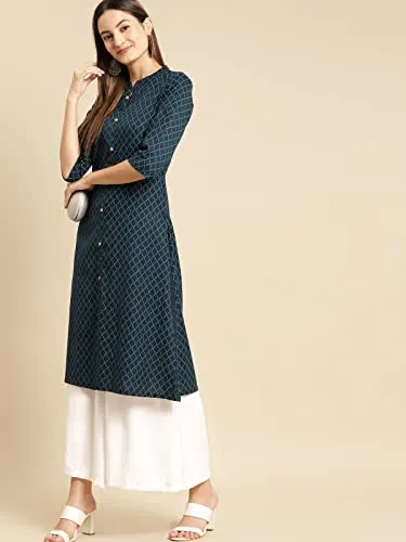 rangita Women Cotton Flex Navy Tonal Front Button Placket Calf Length A Line Kurti, 2XL