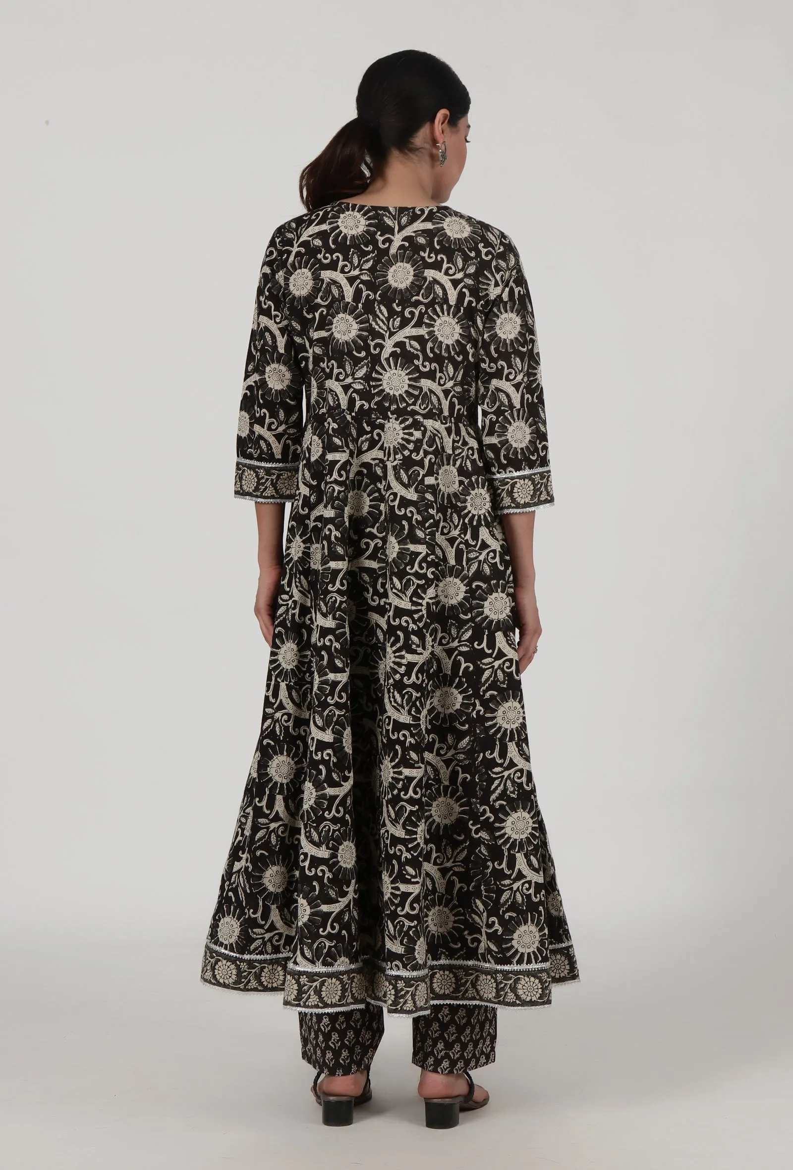 Set Of 2: Ajrakh Printed Black Cotton Anarkali & Pant Set