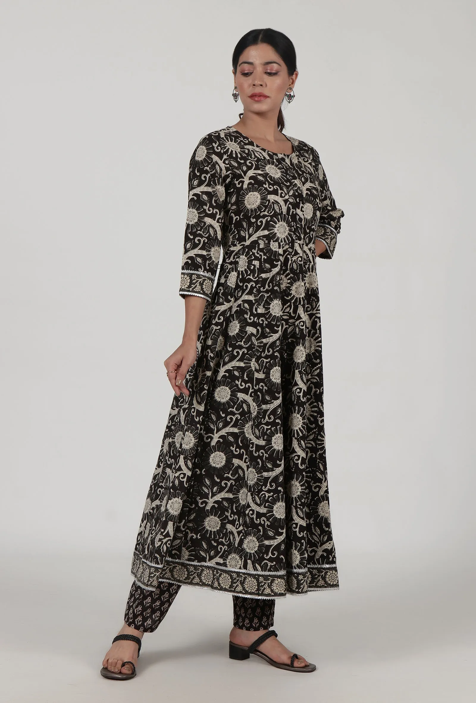 Set Of 2: Ajrakh Printed Black Cotton Anarkali & Pant Set