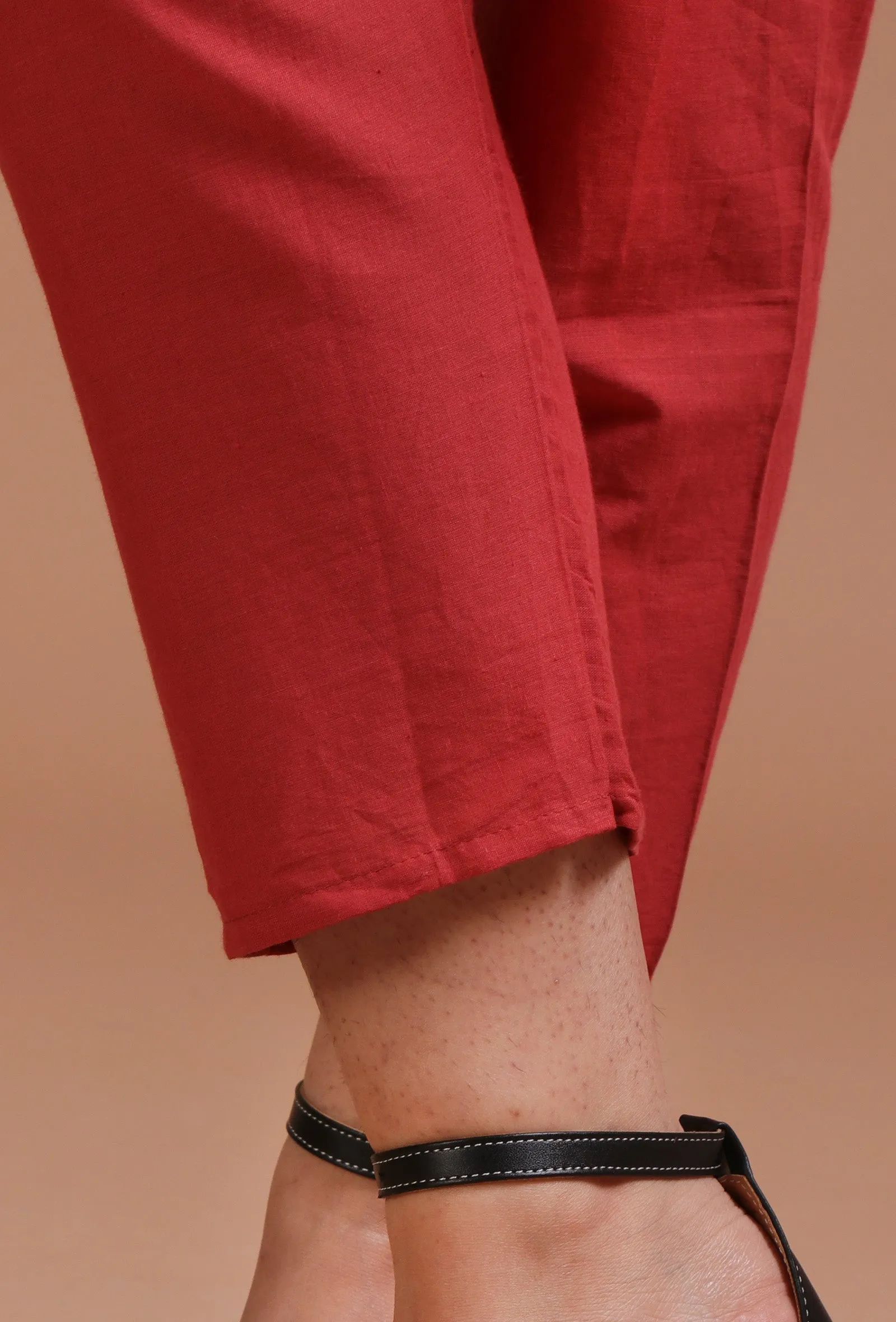 Set Of 2: Red Cotton Plain Kurta & Pant Set