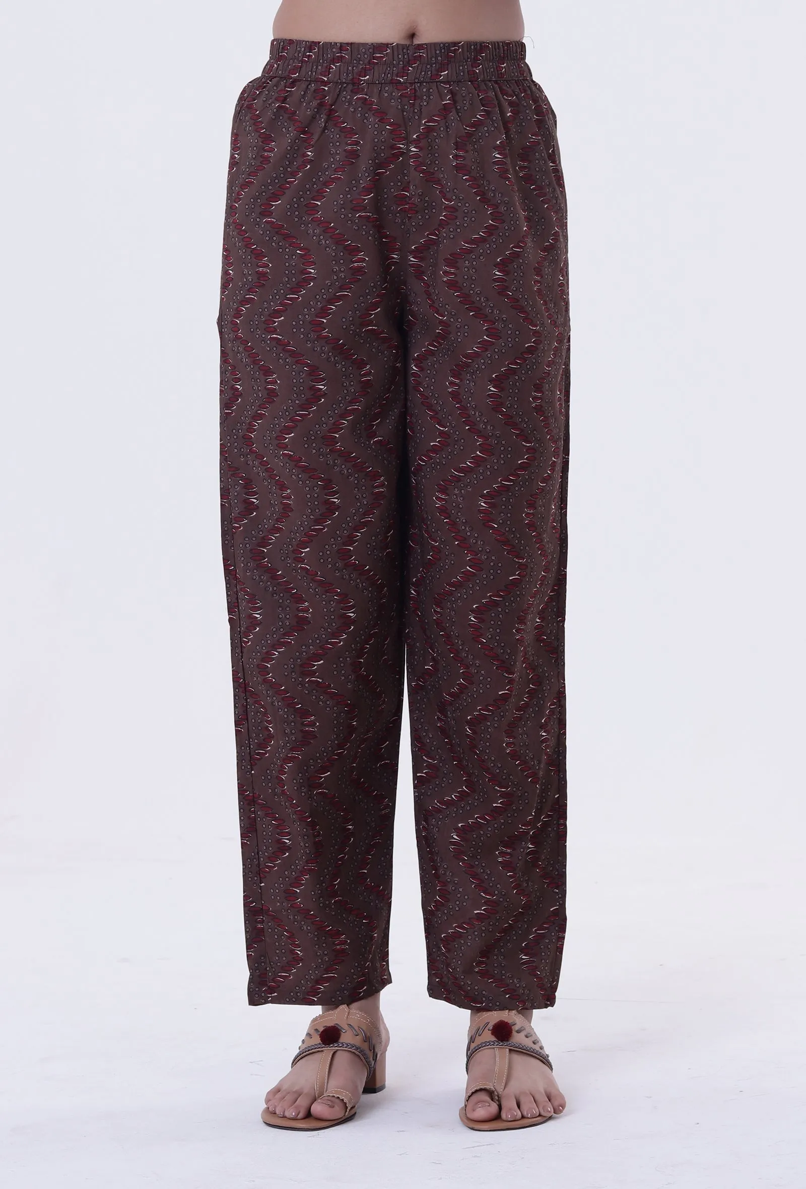 Set Of 2: Woody Brown & White Cotton Block Printed Kurta & Pant