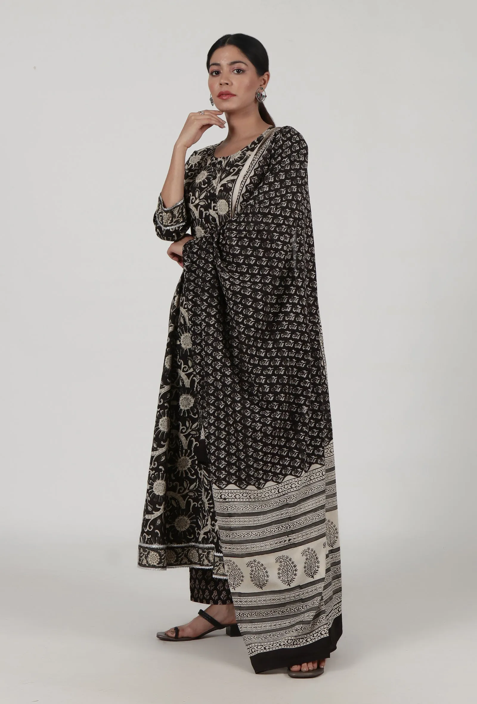 Set Of 3: Ajrakh Printed Black Cotton Anarkali, Pant & Dupatta Set