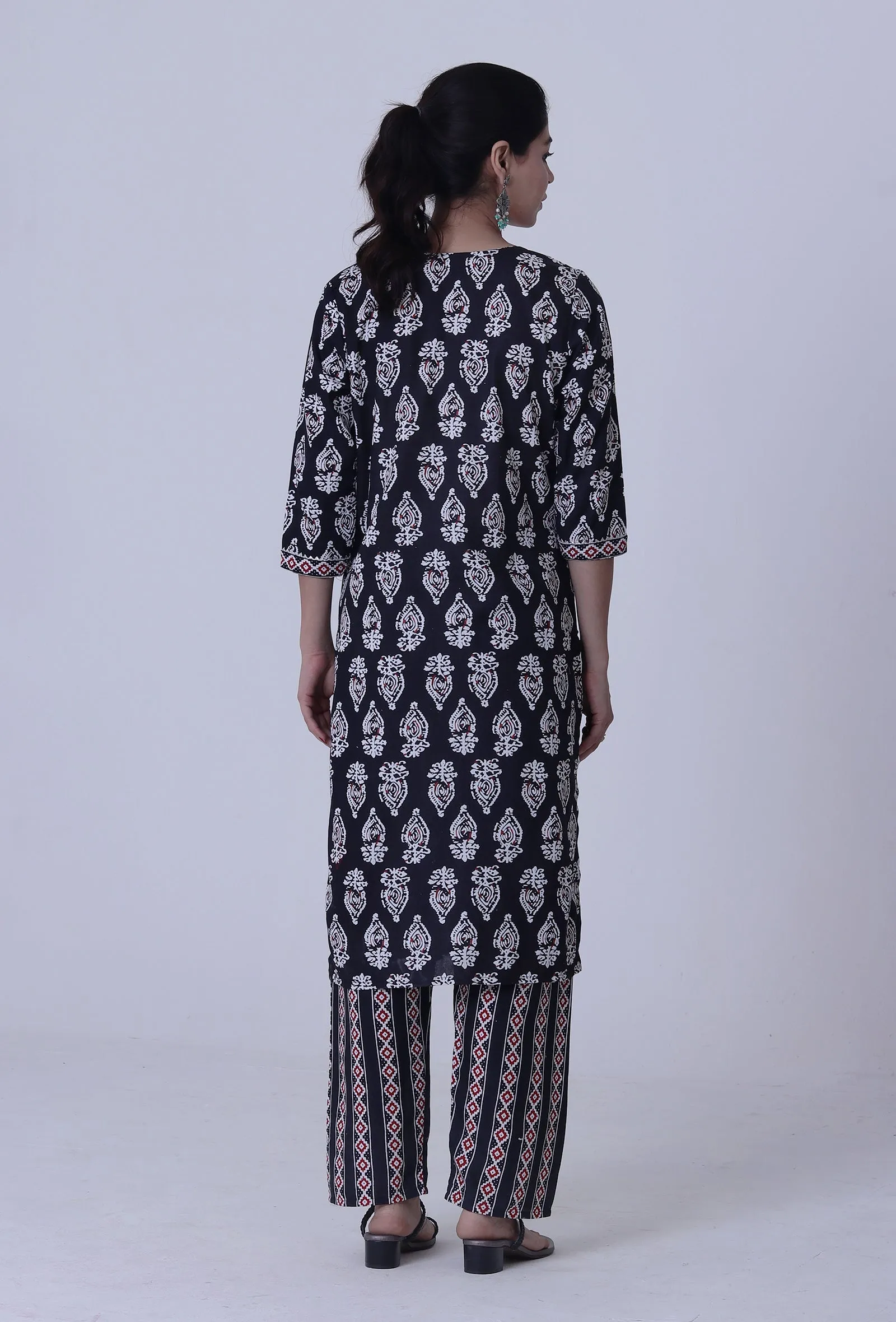 Set Of 3: Black Cotton Rayon Kurta With Pant & Dupatta Set