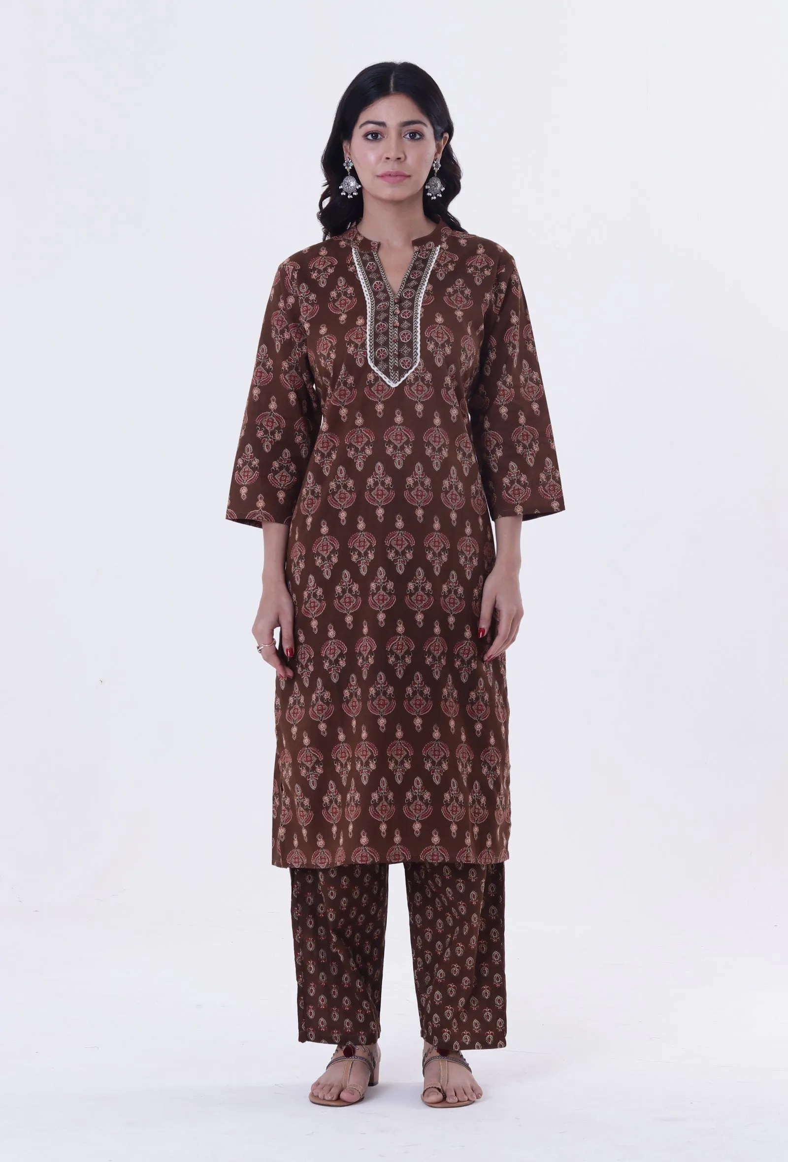Set Of 3: Brown & Multicolor Cotton Block Printed Kurta, Pant & Dupatta