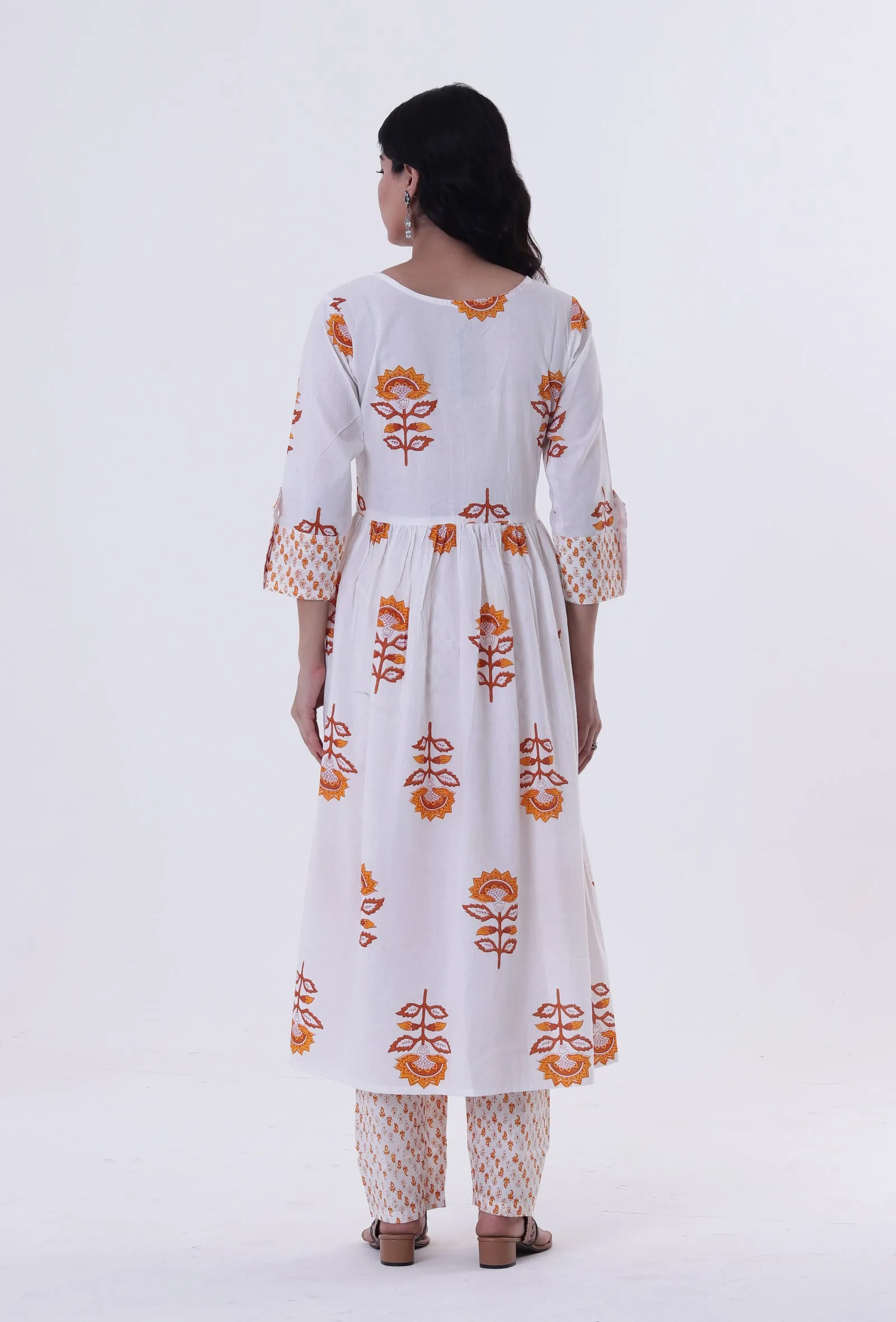 Set Of 3: White & Multicolor Cotton Block Printed Kurta, Pant & Dupatta