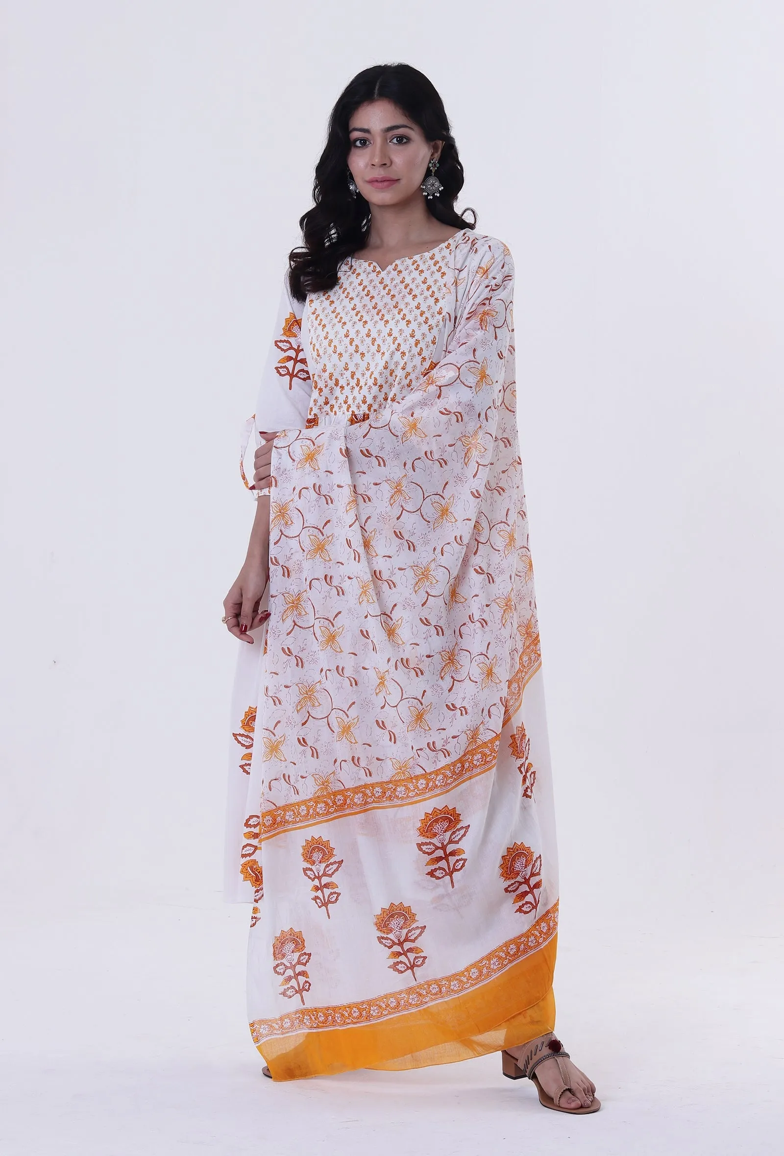 Set Of 3: White & Multicolor Cotton Block Printed Kurta, Pant & Dupatta