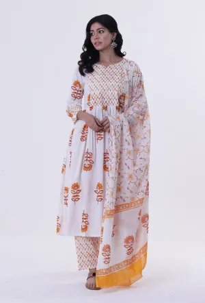 Set Of 3: White & Multicolor Cotton Block Printed Kurta, Pant & Dupatta