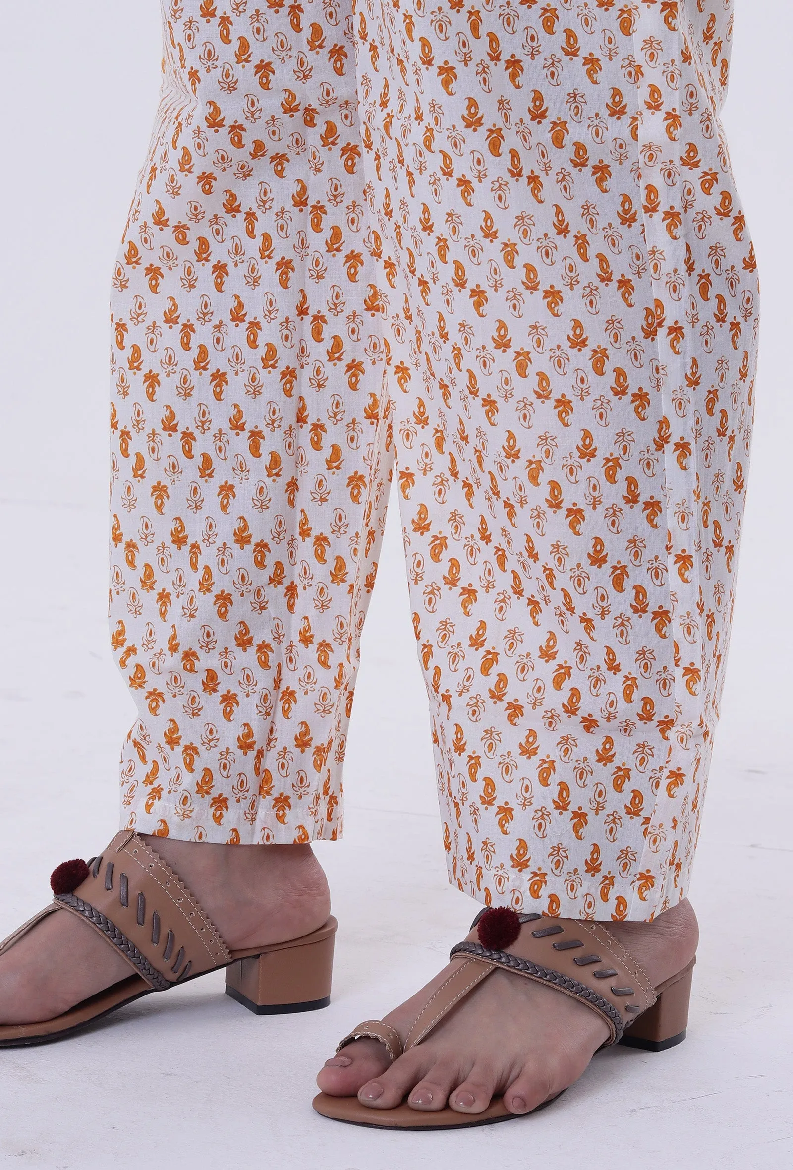 Set Of 3: White & Multicolor Cotton Block Printed Kurta, Pant & Dupatta