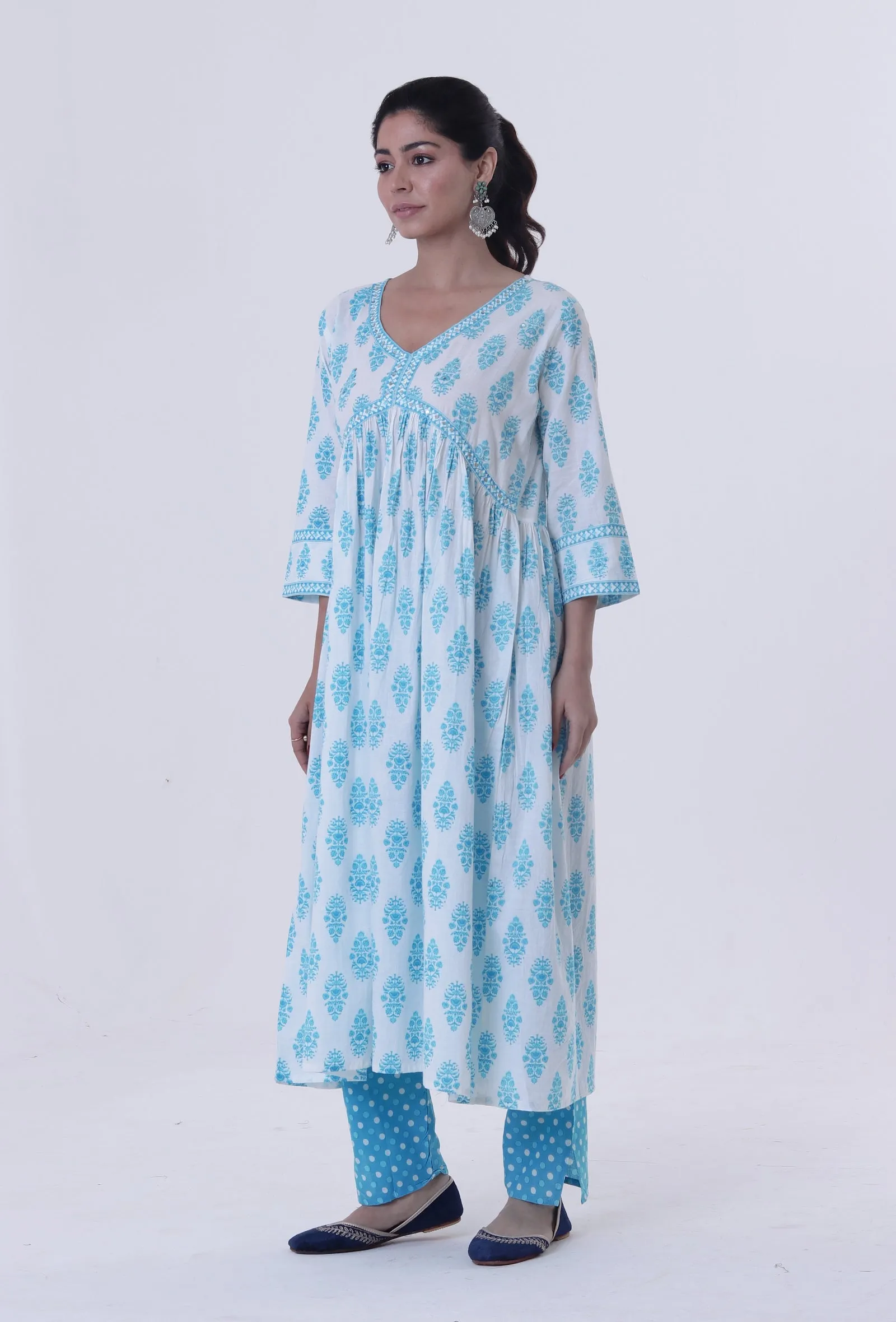 Set Of 3: White Cotton Kurta, Pant & Dupatta Set with Blue Motif