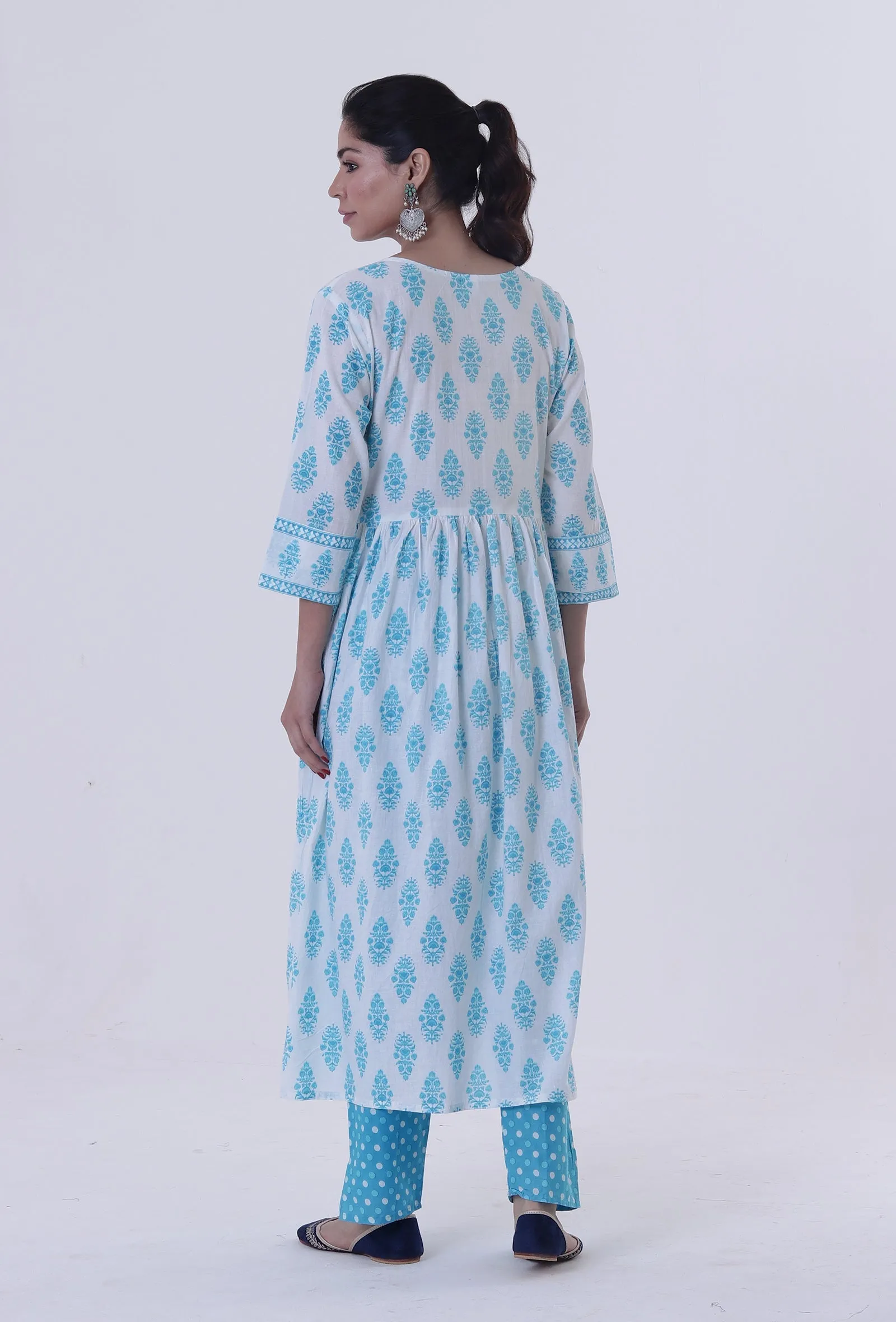 Set Of 3: White Cotton Kurta, Pant & Dupatta Set with Blue Motif