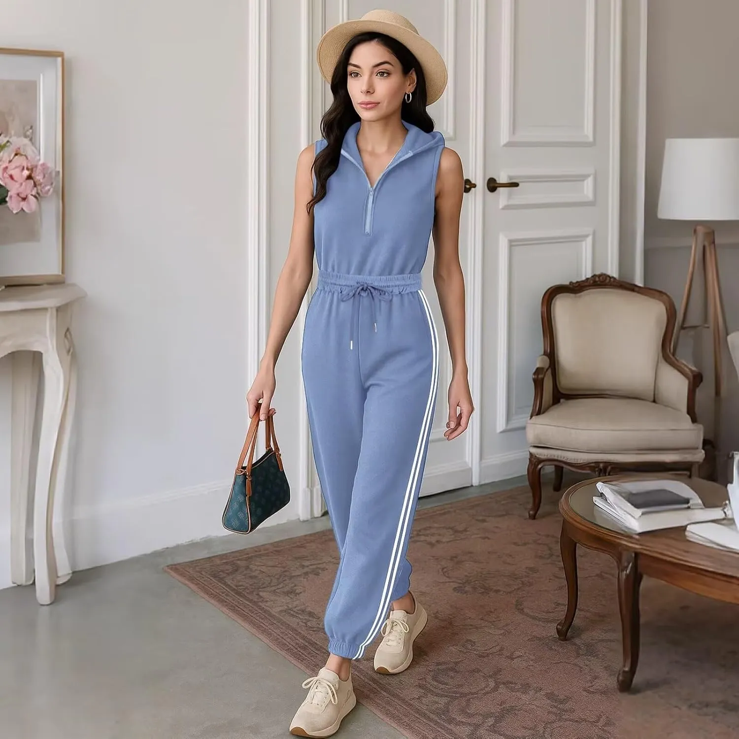 Sweatsuits Women 2 Piece Outfit Sleeveless Pullover Hoodie Sweatshirt and Sweatpants Sweat Pants Set with Pockets