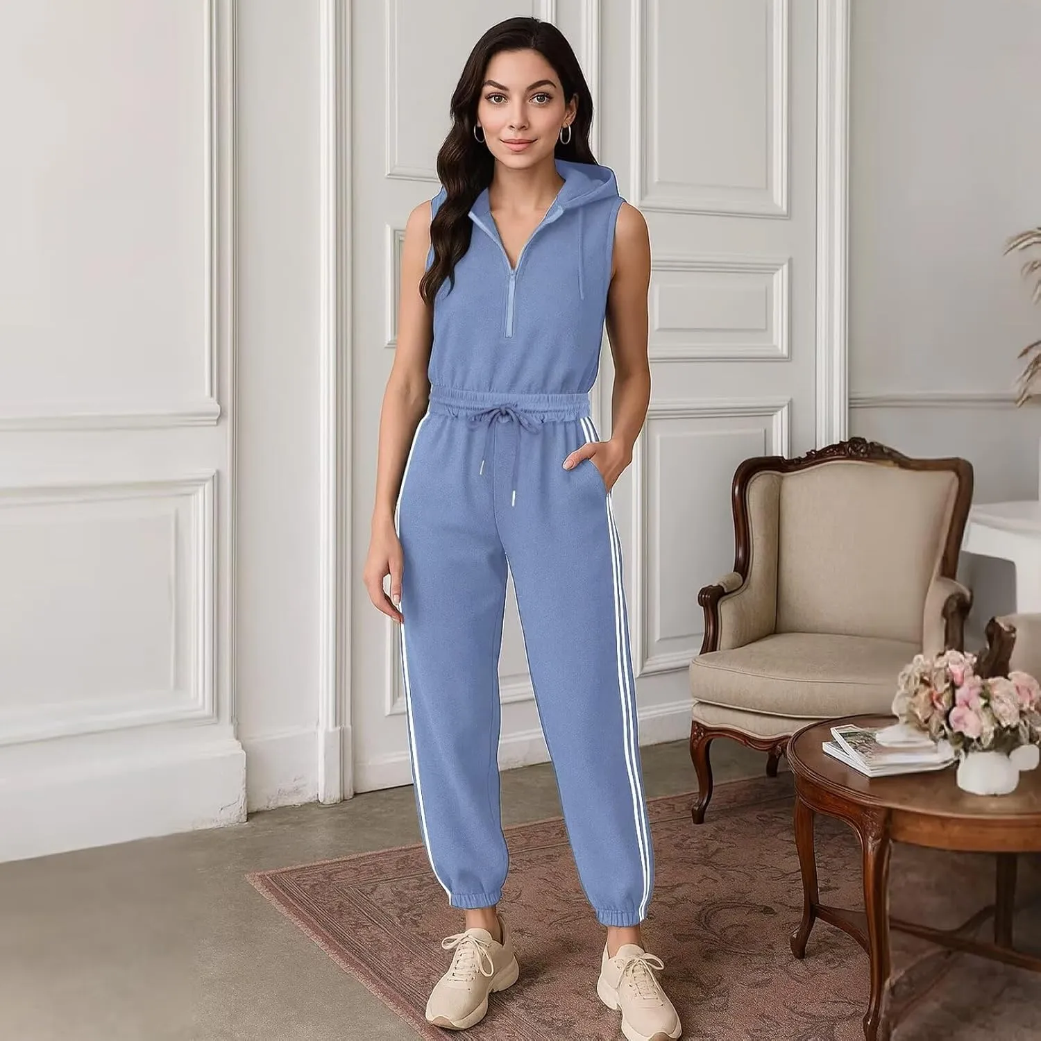 Sweatsuits Women 2 Piece Outfit Sleeveless Pullover Hoodie Sweatshirt and Sweatpants Sweat Pants Set with Pockets