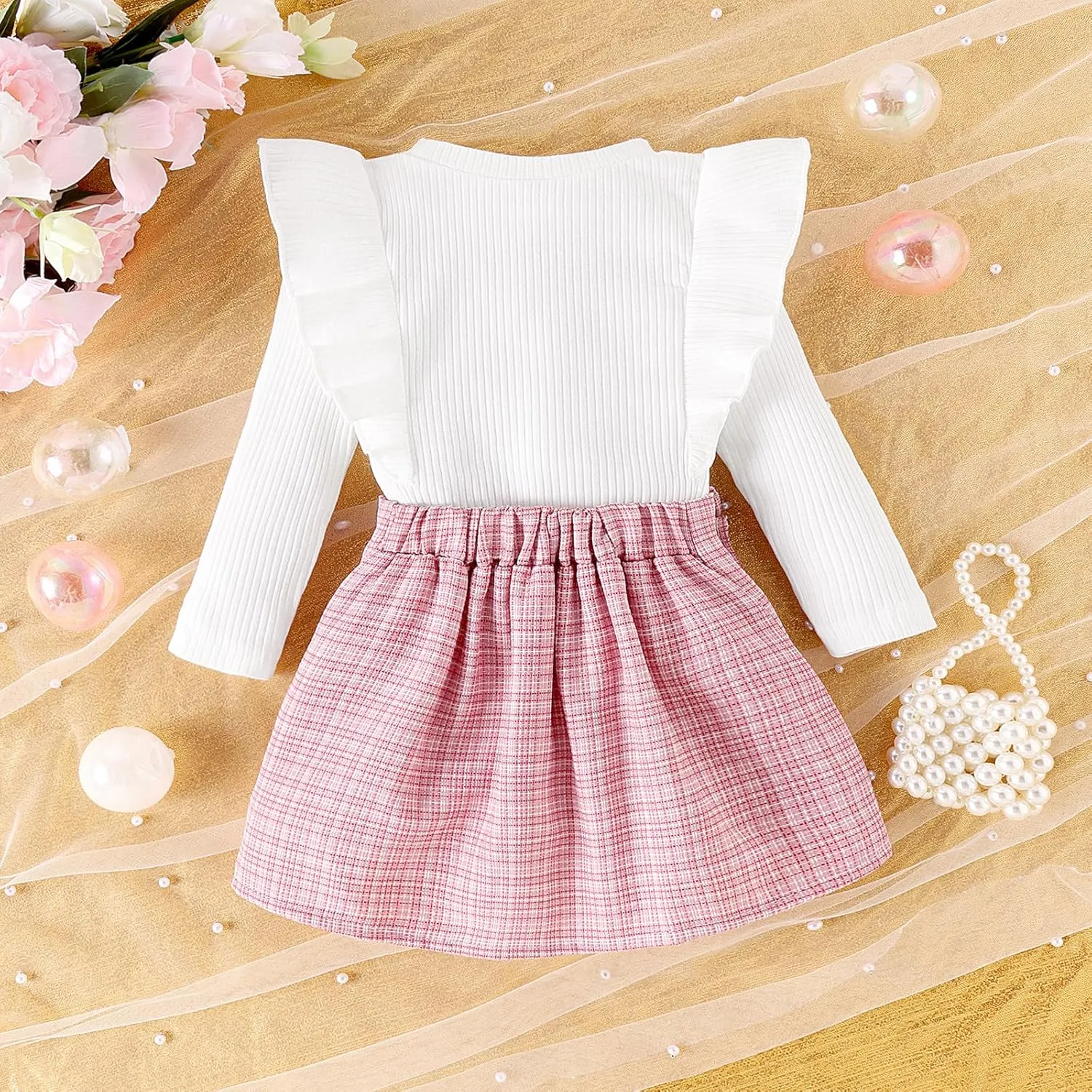 Toddler Girls Spring Autumn 2Pcs Skirt Outfits Long Sleeve Ruffle Ribbed Solid Color Tops A-line Plaid Skirt Sets