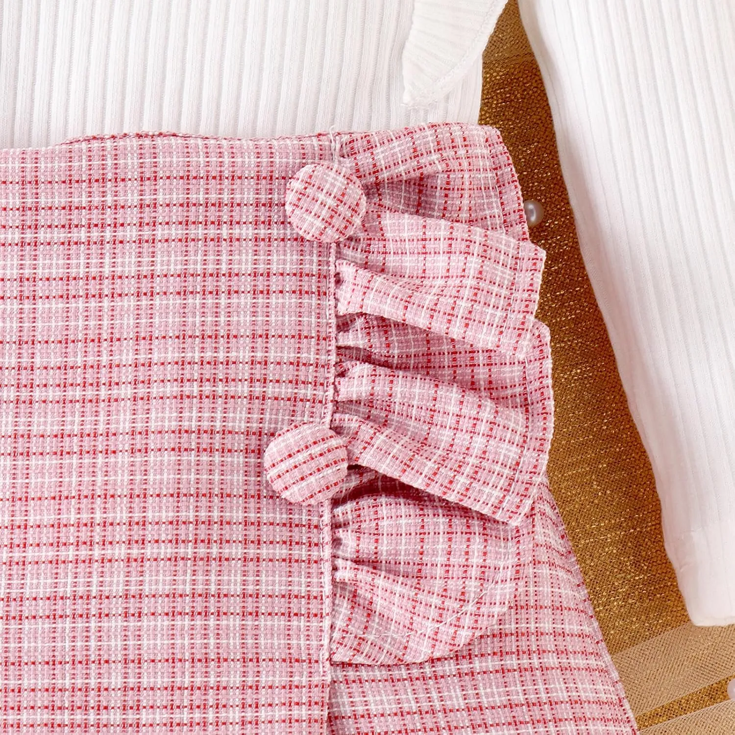 Toddler Girls Spring Autumn 2Pcs Skirt Outfits Long Sleeve Ruffle Ribbed Solid Color Tops A-line Plaid Skirt Sets