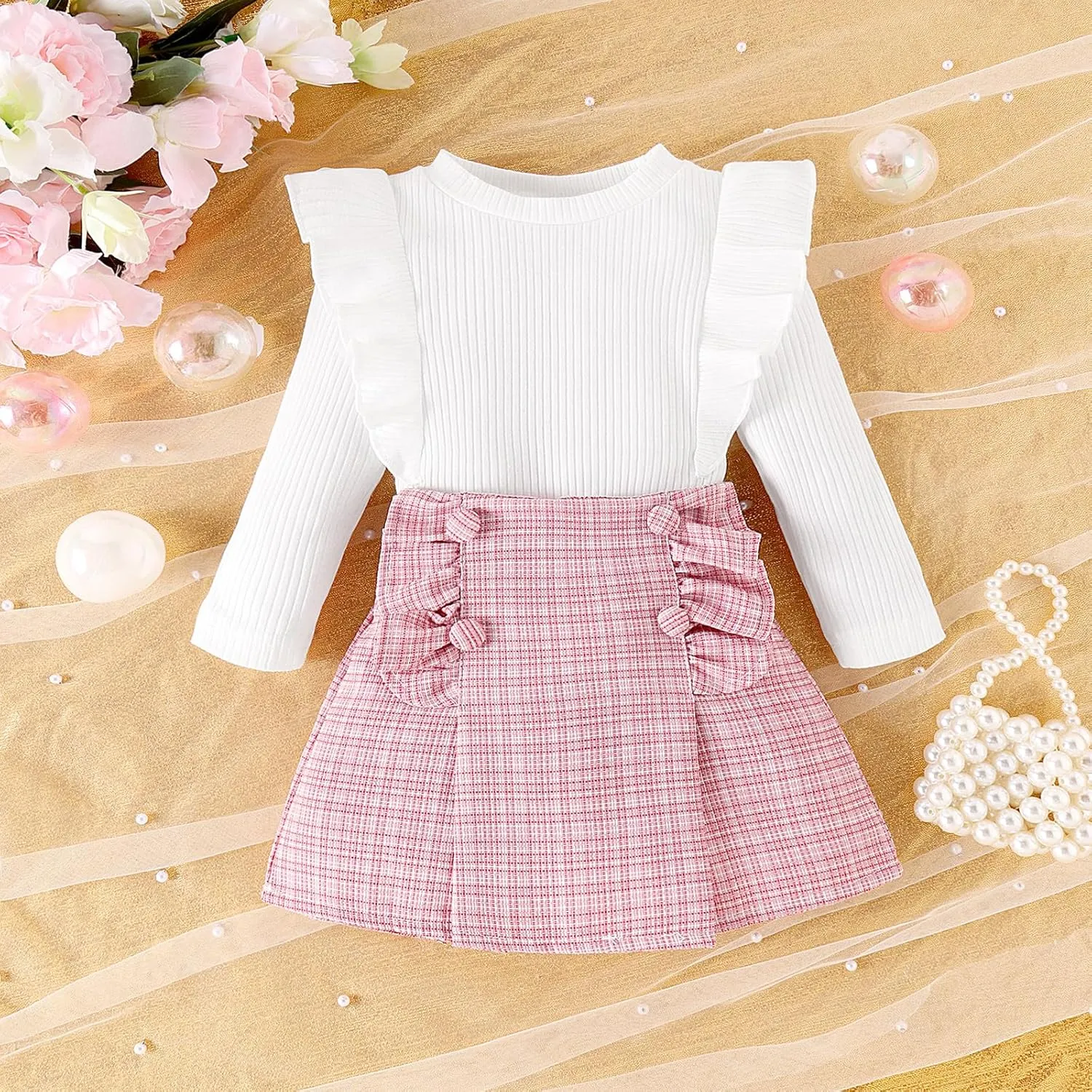 Toddler Girls Spring Autumn 2Pcs Skirt Outfits Long Sleeve Ruffle Ribbed Solid Color Tops A-line Plaid Skirt Sets