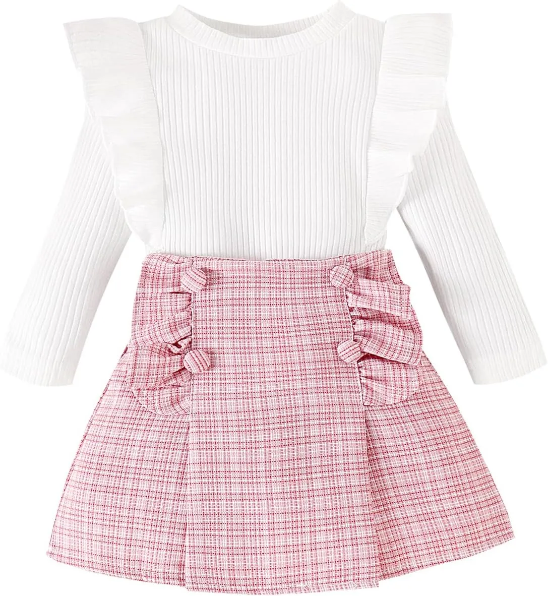 Toddler Girls Spring Autumn 2Pcs Skirt Outfits Long Sleeve Ruffle Ribbed Solid Color Tops A-line Plaid Skirt Sets