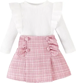 Toddler Girls Spring Autumn 2Pcs Skirt Outfits Long Sleeve Ruffle Ribbed Solid Color Tops A-line Plaid Skirt Sets