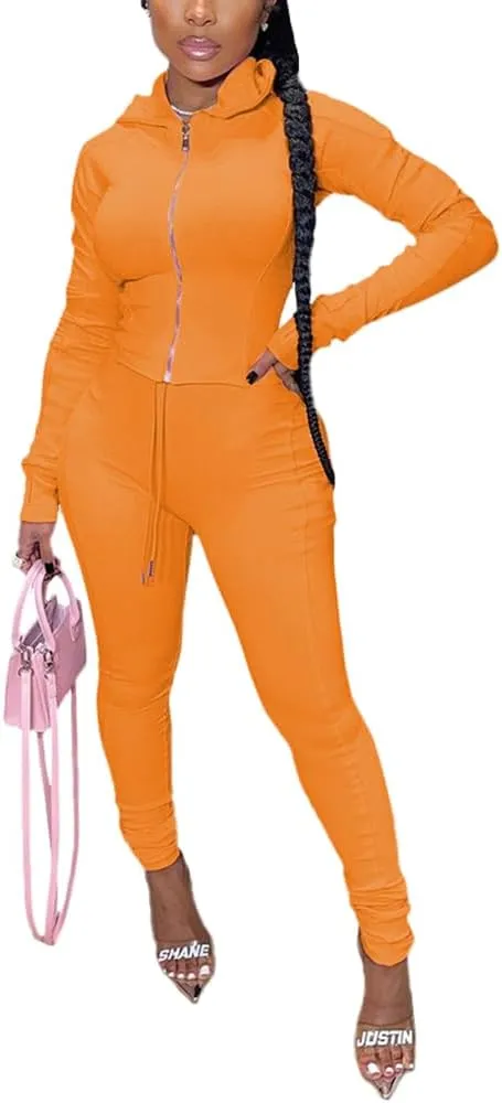 TOPSRANI Women Two Piece Outfits Bodycon Tracksuit Sweatsuits Hoodie Solid Jogger Workout Lounge Zipper Long Sleeve Pant Sets