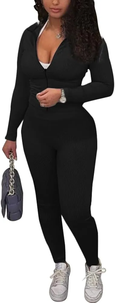 TOPSRANI Womens Two Piece Outfits Bodycon Tracksuit Striped Sweatsuits Ribbed Solid Jogger Workout Lounge Long Pant Sets