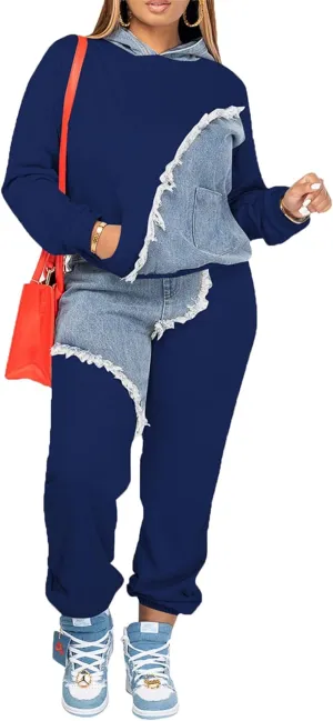 Two Piece Outfits for Women Long Sleeve Casual Hoodie Sweatshirt Pants Set with Pockets Patchwork Denim Sweatsuits