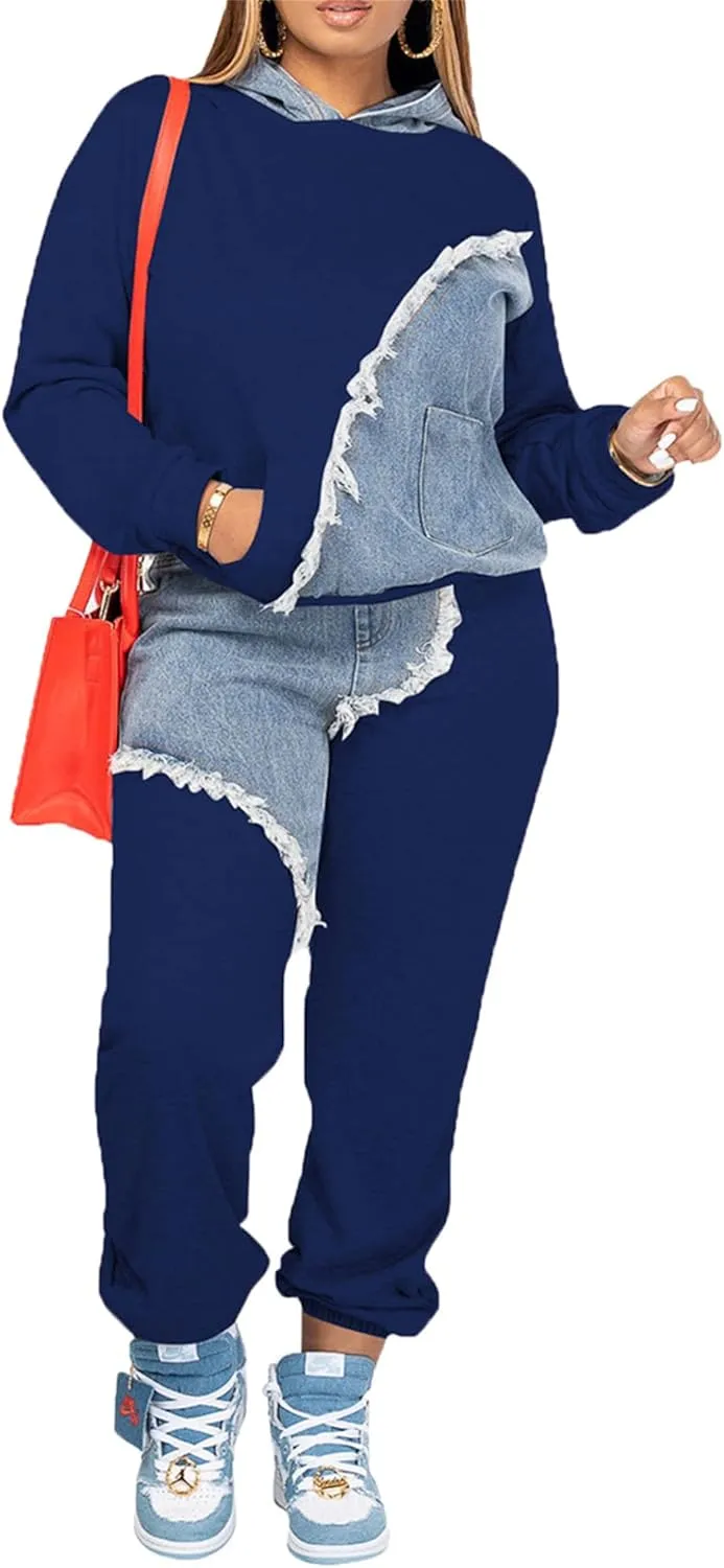 Two Piece Outfits for Women Long Sleeve Casual Hoodie Sweatshirt Pants Set with Pockets Patchwork Denim Sweatsuits