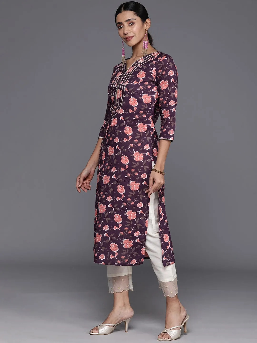 Varanga Women Magenta Floral Printed Gotta Patti Kurta