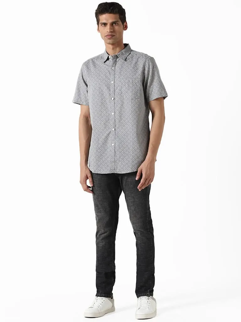 WES Casuals Floral Printed Grey Slim-Fit Blended Linen Shirt