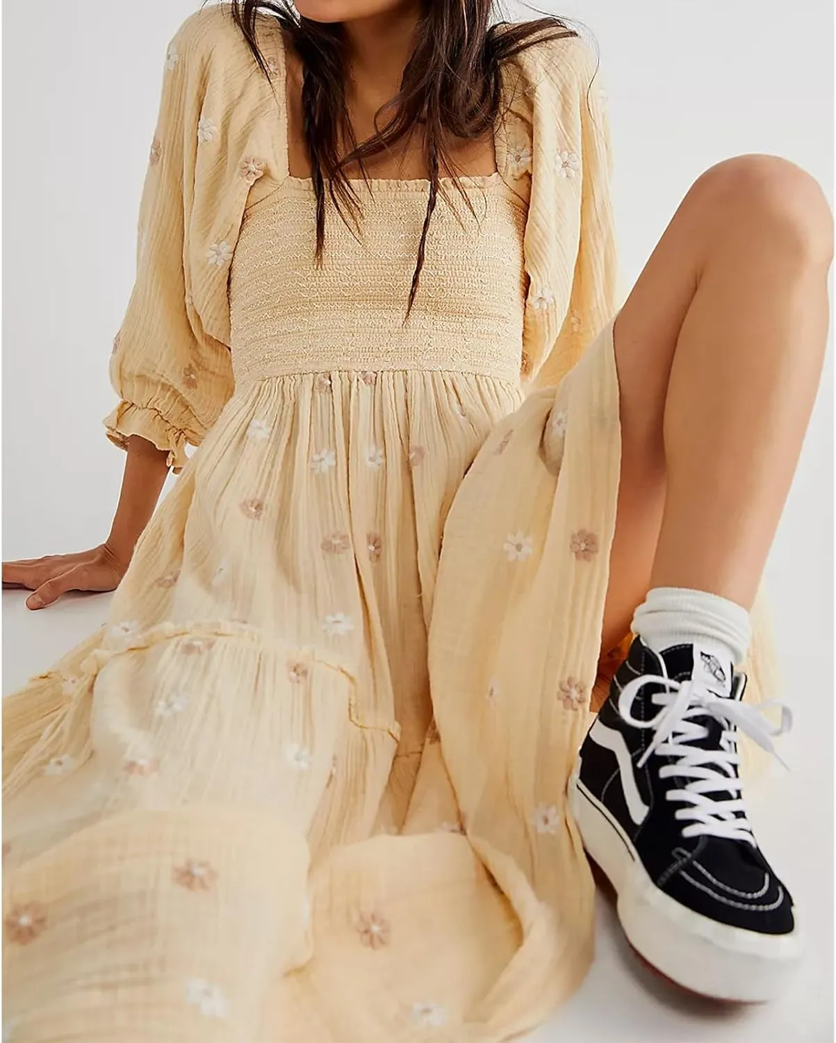 Women Floral Embroidered Maxi Dress Long Puff Sleeve Square Neck Bohemian Flowy Dress with Pockets Smocked Fall Dress