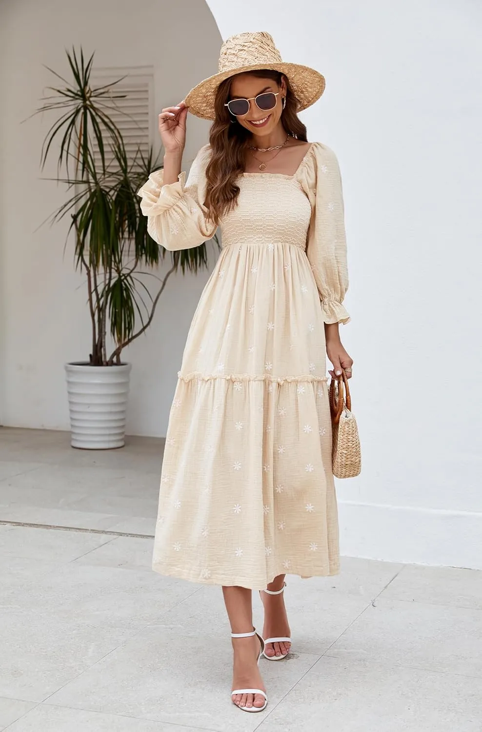 Women Floral Embroidered Maxi Dress Long Puff Sleeve Square Neck Bohemian Flowy Dress with Pockets Smocked Fall Dress