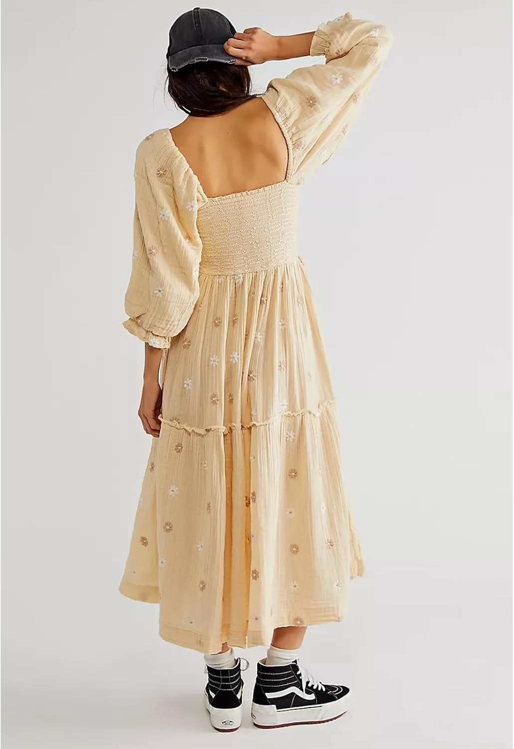 Women Floral Embroidered Maxi Dress Long Puff Sleeve Square Neck Bohemian Flowy Dress with Pockets Smocked Fall Dress