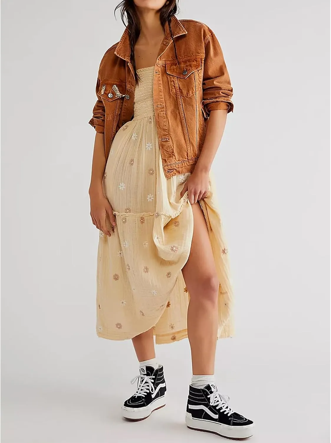 Women Floral Embroidered Maxi Dress Long Puff Sleeve Square Neck Bohemian Flowy Dress with Pockets Smocked Fall Dress
