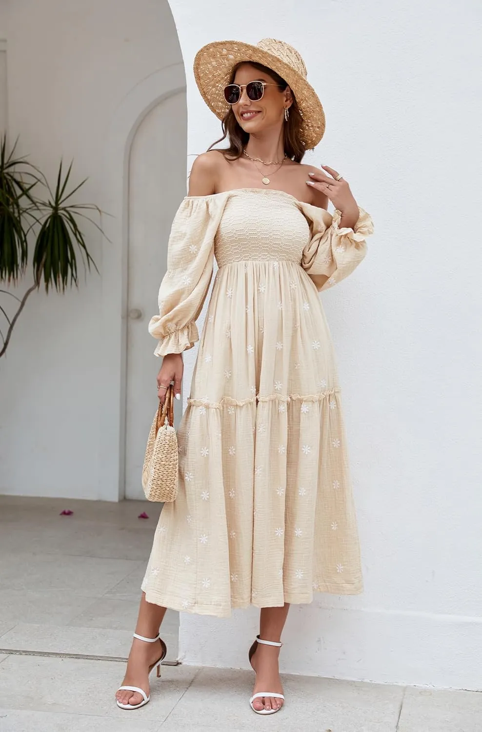 Women Floral Embroidered Maxi Dress Long Puff Sleeve Square Neck Bohemian Flowy Dress with Pockets Smocked Fall Dress