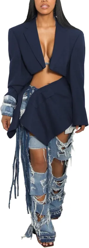 Womens 2 Piece Outfits Cropped Blazer Casual Suit Jackets and Mini Skirt Sets