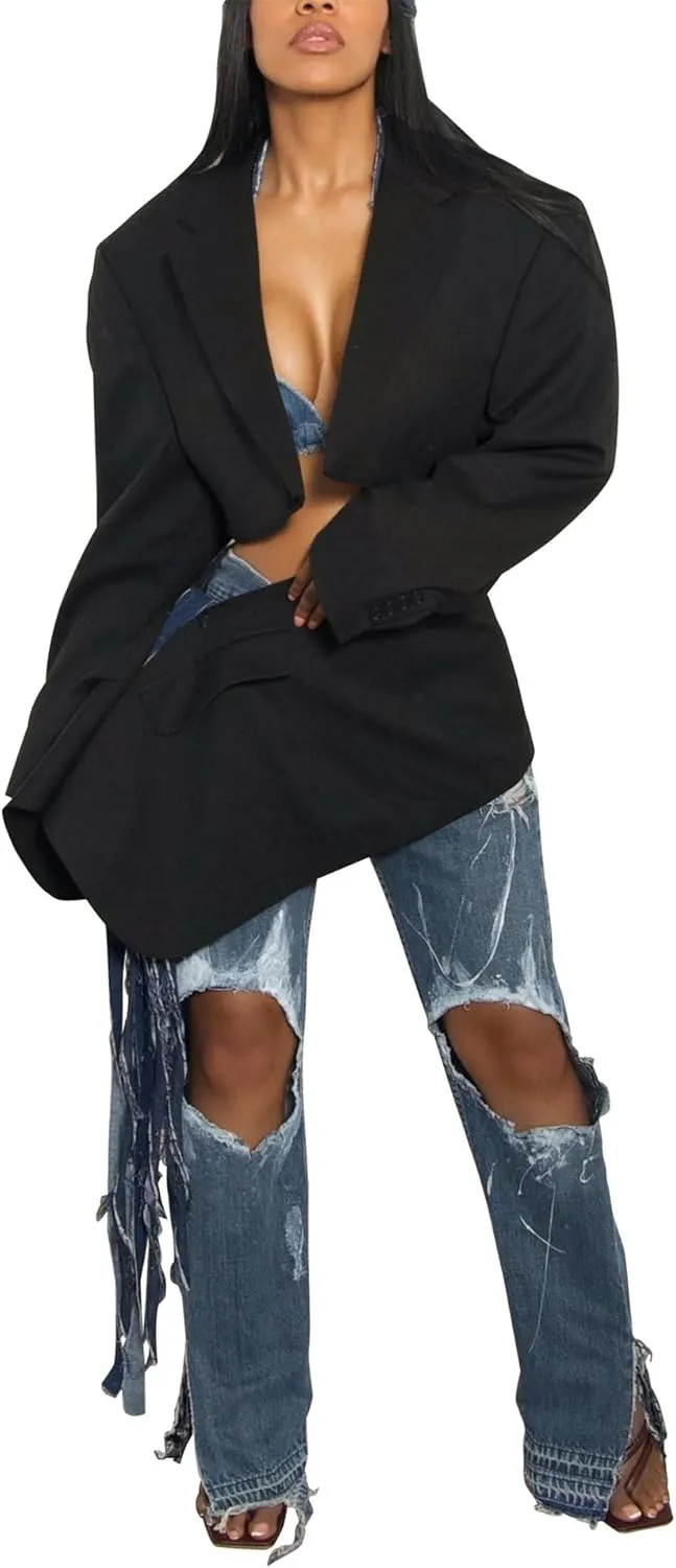 Womens 2 Piece Outfits Cropped Blazer Casual Suit Jackets and Mini Skirt Sets