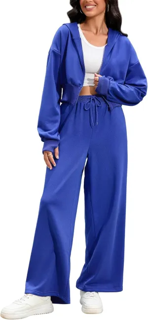 Women's 2 Piece Outfits Tracksuits Casual Cropped Hoodie Wide Leg Pants Travel Workout Lounge Sets