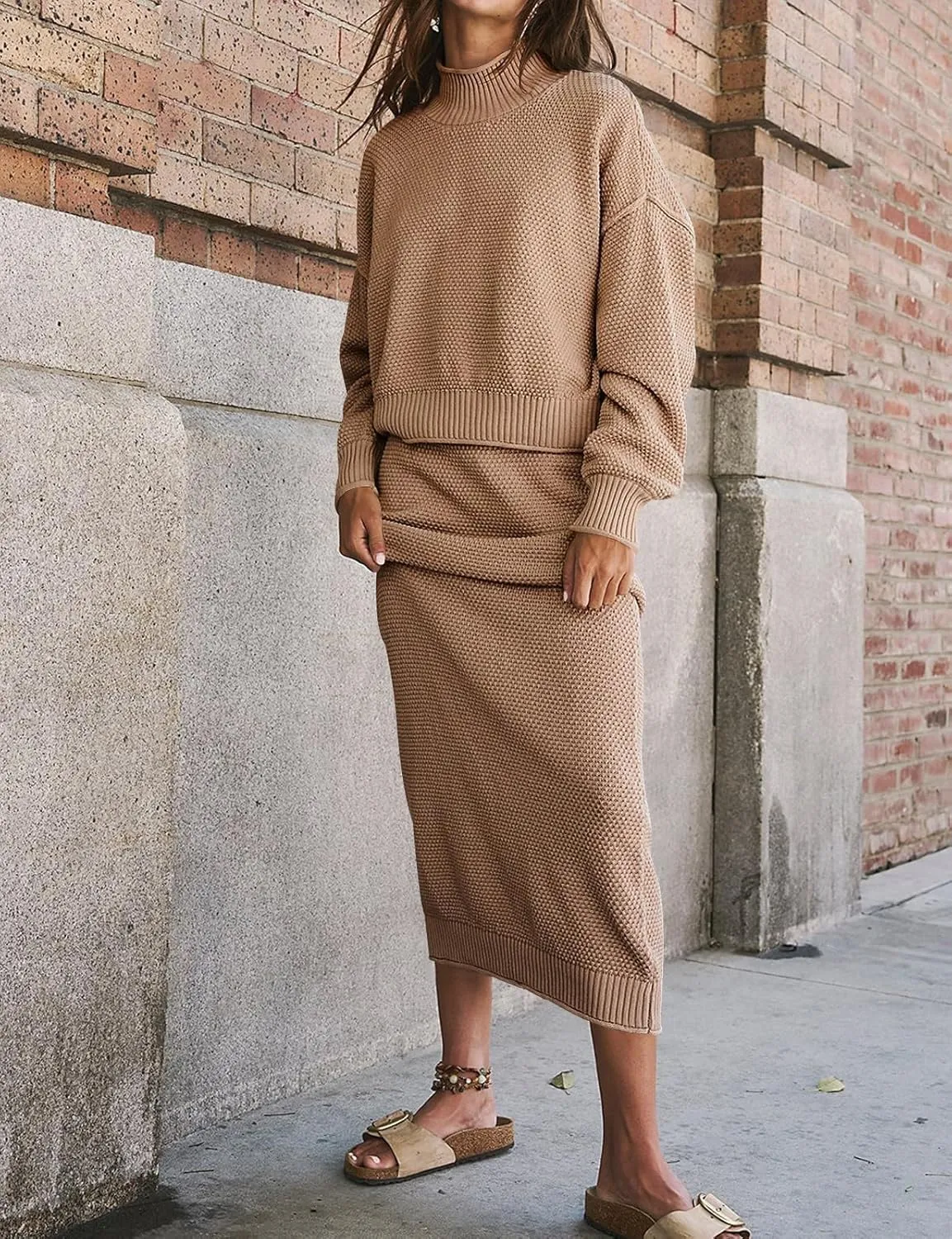 Womens 2 Piece Waffle Knit Lounge Outfits Turtleneck Pullover Sweater High Waist Long Pencil Skirt Set